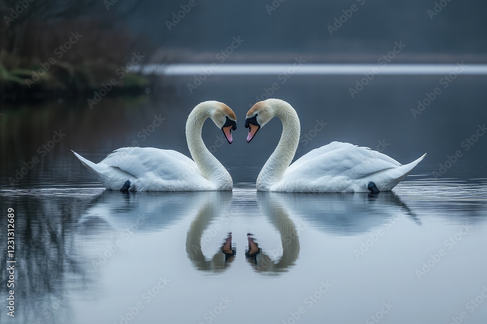 Fototapeta premium Swans forming a heart shape with their necks on a calm lake, the reflection doubling the romantic scene