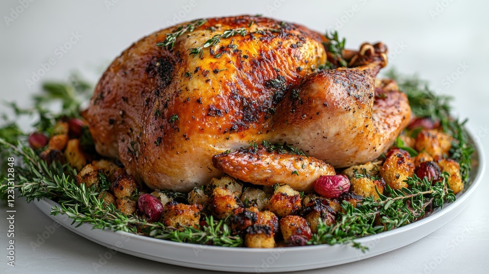 Roasted turkey with stuffing and cranberries on a platter, garnished with rosemary and thyme. Roasted turkey with stuffing and cranberries on a platter, garnished with rosemary and thyme.