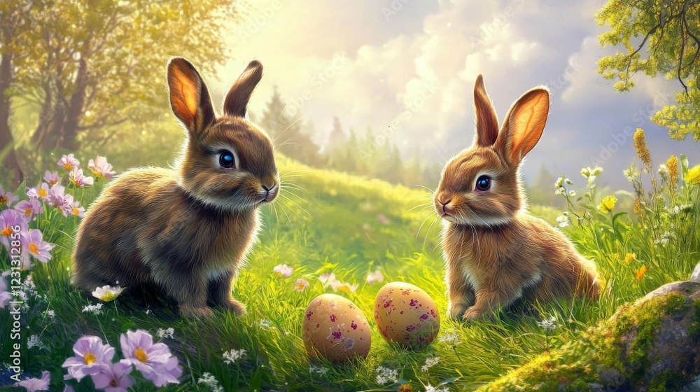 Obraz premium Two Brown Rabbits in Sunny Spring Meadow with Easter Eggs