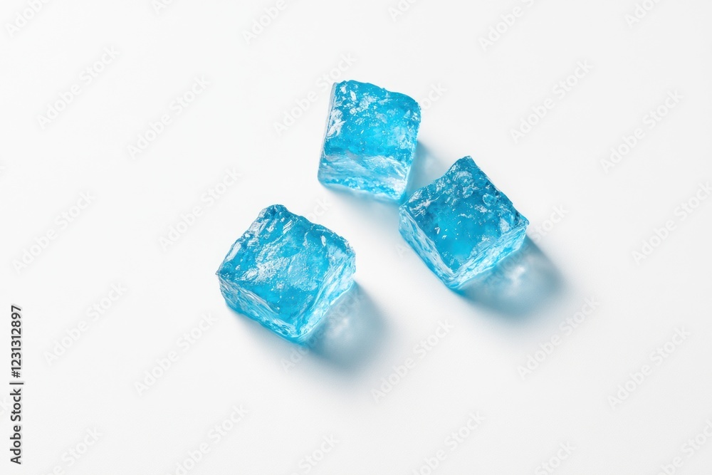 Obraz premium Three translucent light blue ice cubes on white background.