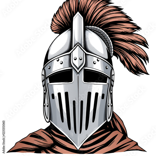 Knight warrior helmet, heraldry armor with plume. Vector great helm of medieval soldier, knight, roman gladiator, spartan fighter or greek army warrior. Ancient iron battle helmet or armet front view photo