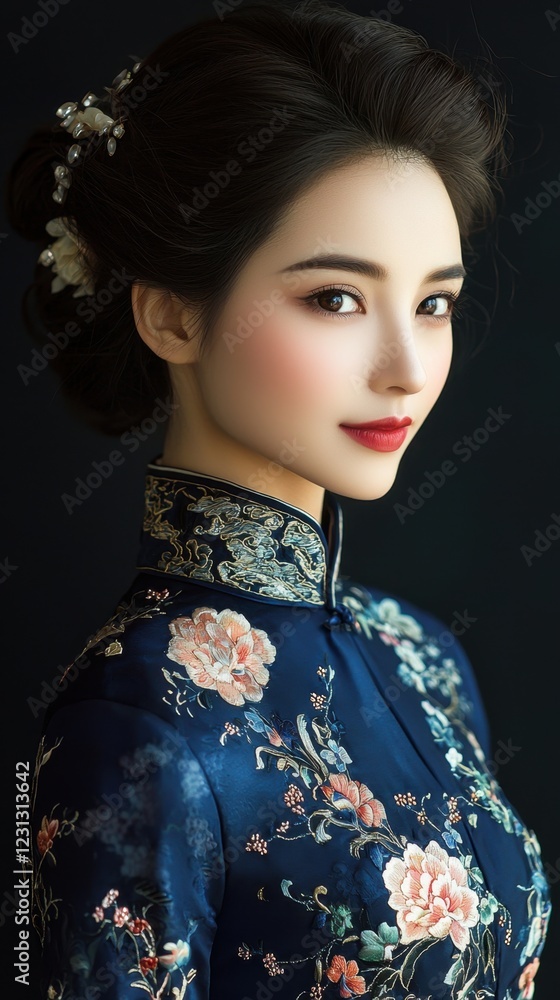 Chinese Qipao with Embroidered Floral Motifs Chinese Qipao with Embroidered Floral Motifs