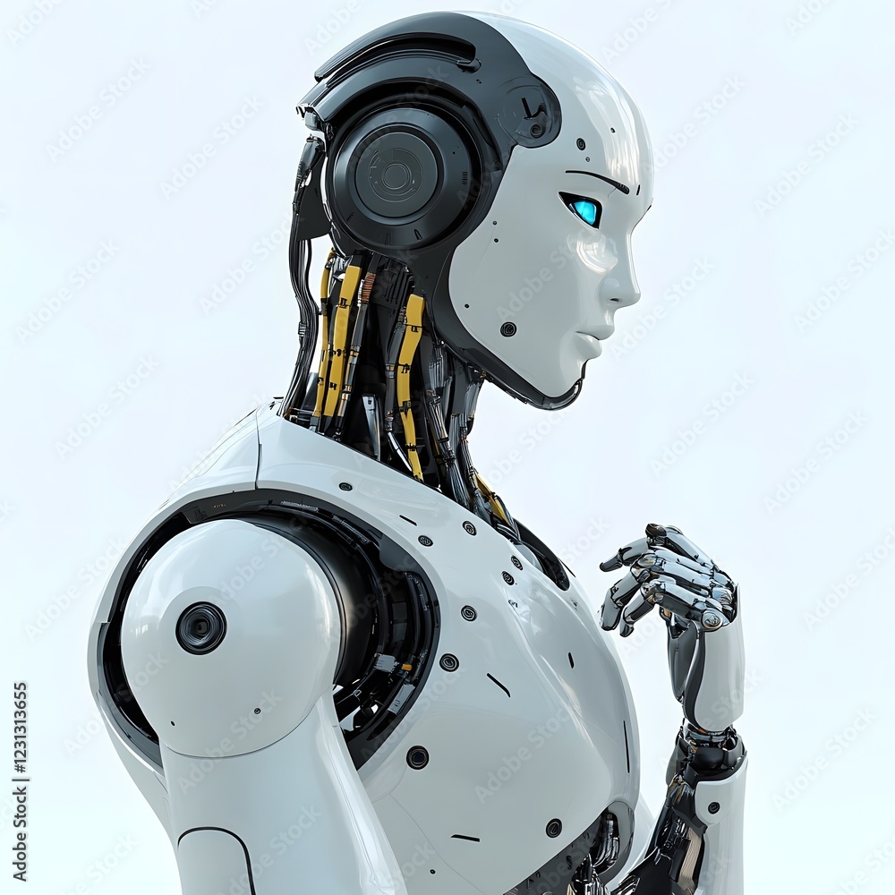 The Pensive Robot Contemplating on a Transparent Background with a Conceptual and Futuristic Design