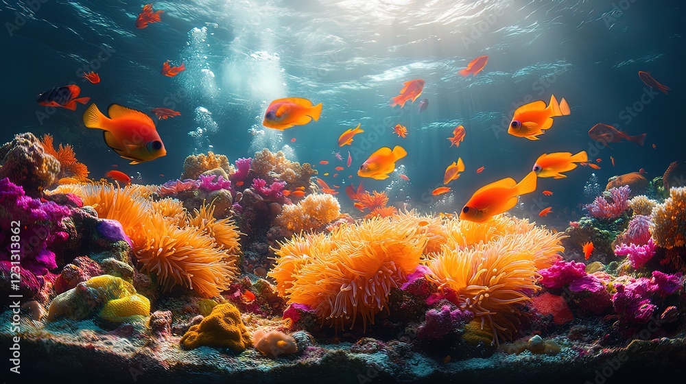 Vibrant Coral Reef With Orange Fish Swimming Underwater Vibrant Coral Reef With Orange Fish Swimming Underwater