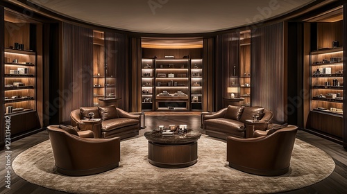 Luxurious cigar lounge interior, opulent design, shelving, relaxation