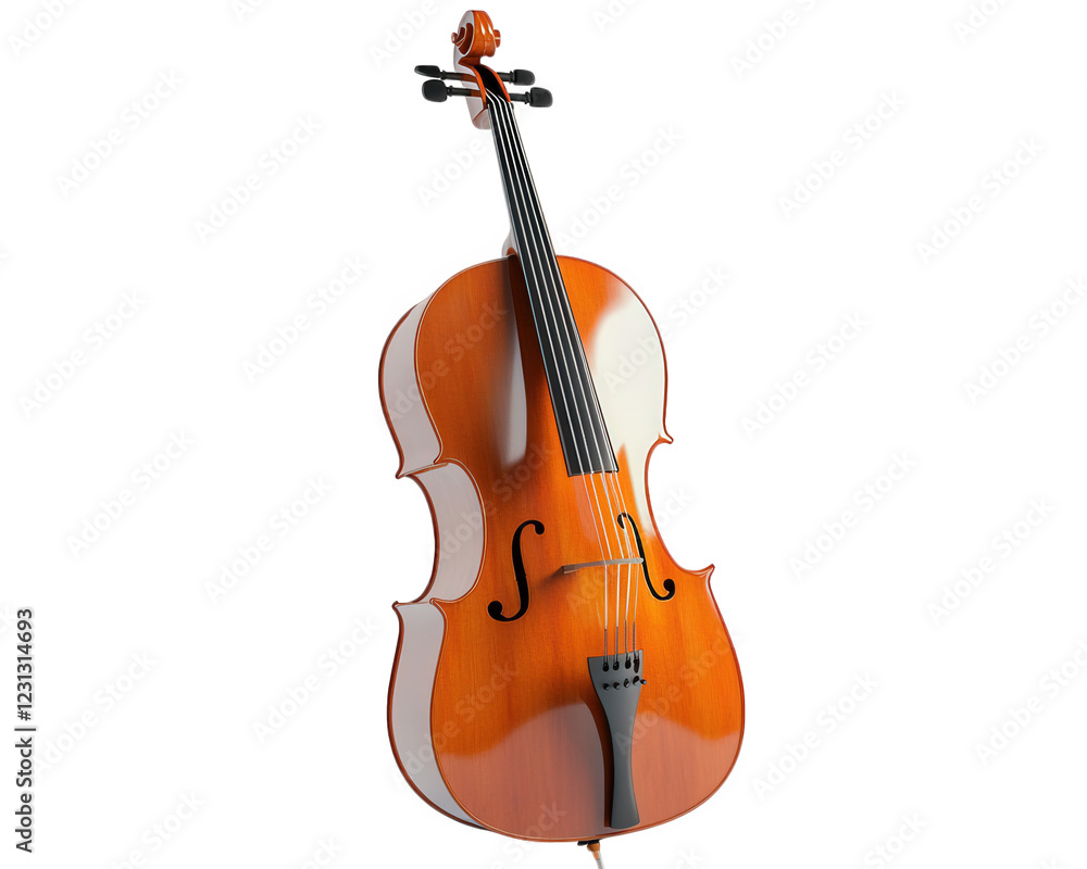 Fototapeta premium cello standing upright with bow, showcasing its elegant design and rich wood finish. This string instrument is perfect for classical music enthusiasts