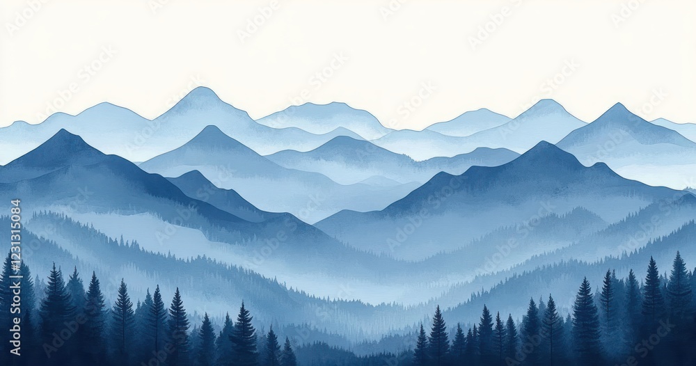 Fototapeta premium Layered Blue Mountains Minimalist Landscape Watercolor Art