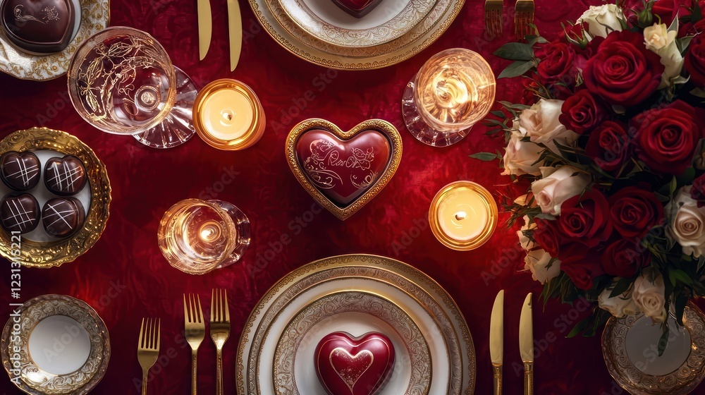 flat lay. top view of Romantic dinner table with a red and white color scheme, gold cutlery, crystal glasses, lit candles, a bouquet of roses, and a heart-shaped box of chocolates flat lay. top view of Romantic dinner table with a red and white color scheme, gold cutlery, crystal glasses, lit candles, a bouquet of roses, and a heart-shaped box of chocolates
