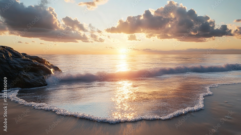 Obraz premium The ocean is calm and the sun is setting, creating a beautiful and serene atmosphere. The waves are gently lapping at the shore, and the sky is filled with clouds