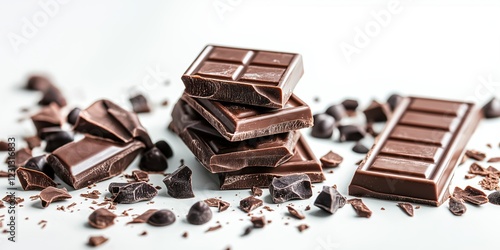 Milk chocolate pieces falling on white background
