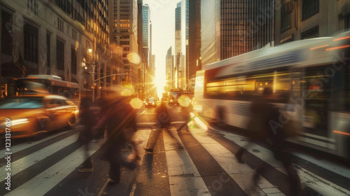 Blurred city life during sunset. People crossing the street among cars and a bus. Golden hour light.