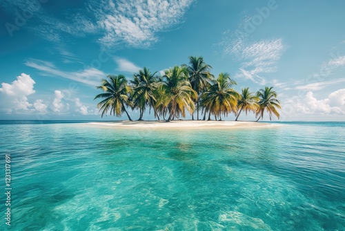 Tropical island with palm trees and turquoise water lapping at the shore, creating a paradise-like scene under the sun photo