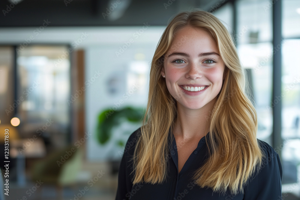 woman with long blonde hair is smiling and posing for a picture. She is wearing a black shirt and is standing in front of a wall woman with long blonde hair is smiling and posing for a picture. She is wearing a black shirt and is standing in front of a wall