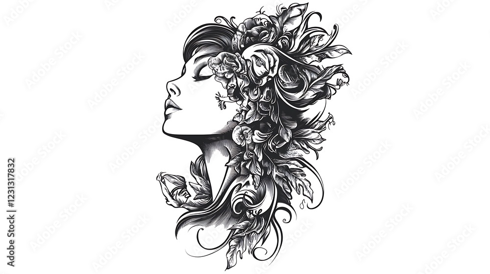 Woman's profile adorned with floral and ornate details Woman's profile adorned with floral and ornate details
