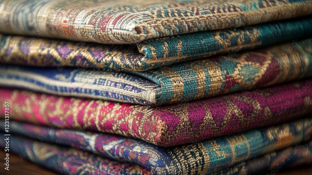 stacked traditional textiles, vibrant woven fabrics, geometric patterns, rich turquoise, magenta, gold metallic threads, tribal designs, striped motifs, macro textile photography, intricate details, stacked traditional textiles, vibrant woven fabrics, geometric patterns, rich turquoise, magenta, gold metallic threads, tribal designs, striped motifs, macro textile photography, intricate details,