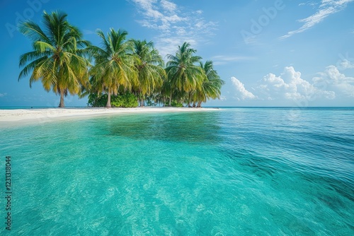 Tropical island with palm trees and turquoise water lapping at the shore  creating a paradise-like scene under the sun