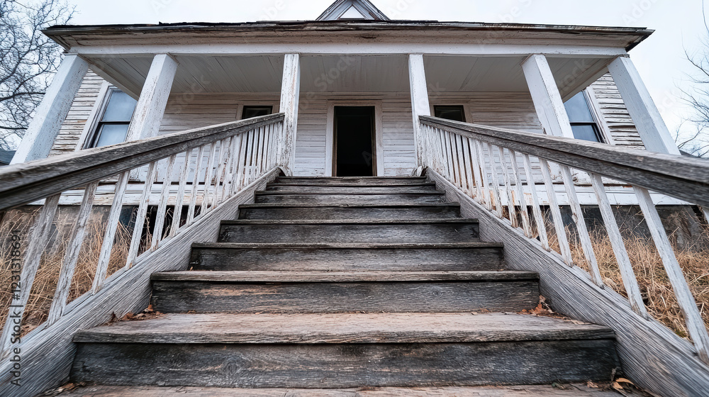 Fototapeta premium weathered mansion with creaky steps leading to dark entrance evokes mystery