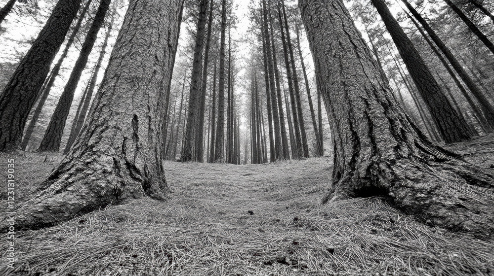 Naklejka premium serene forest path surrounded by tall trees, creating tranquil atmosphere