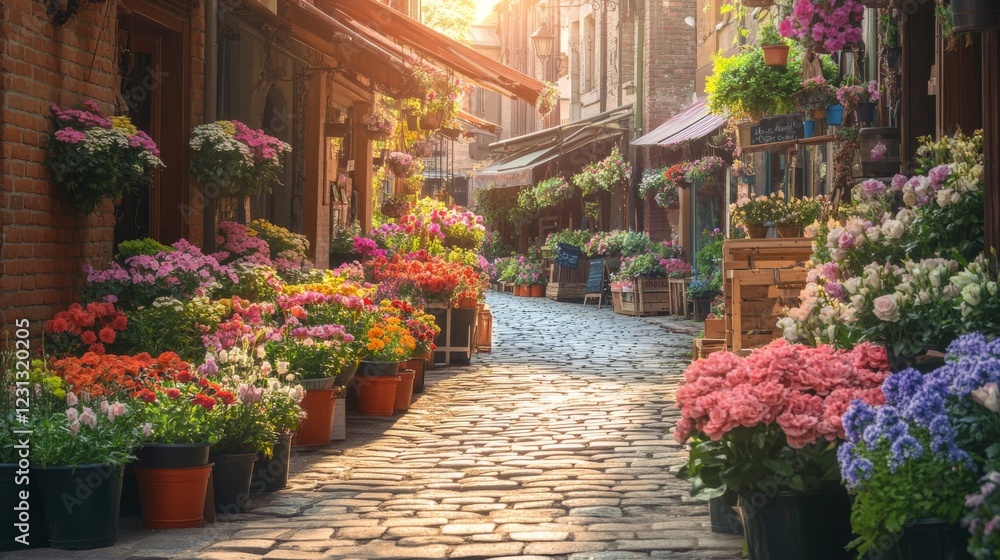 Fototapeta premium quaint shopping street, colorful flower displays, brick storefronts, wooden garden stands, sunlit cobblestones, urban garden path, morning light rays, peaceful city scenery, natural ambiance