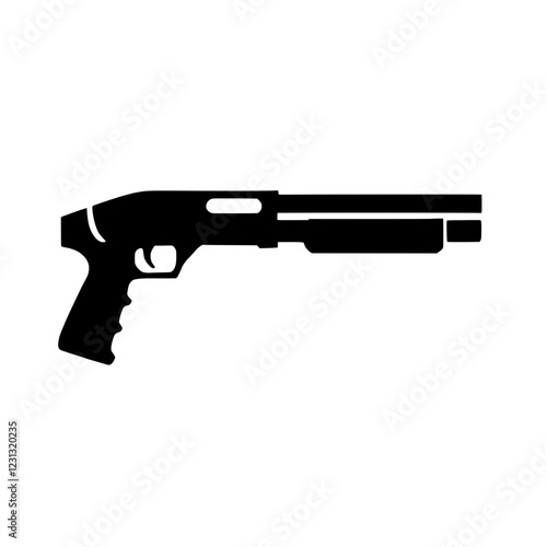 Shotgun Silhouette:  A bold, black silhouette of a pump-action shotgun, isolated on a clear background. This vector illustration can be used for various purposes, including game design, security.