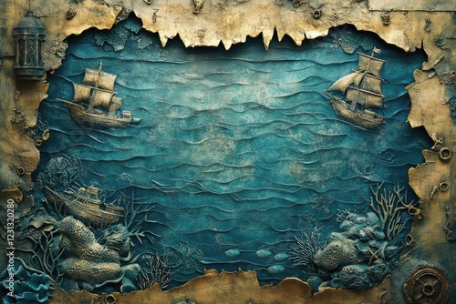 Underwater treasure map with sunken ships and marine life illustrations