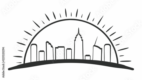 Cityscape minimalist line drawing in monochrome representing urban dawn with copy space
