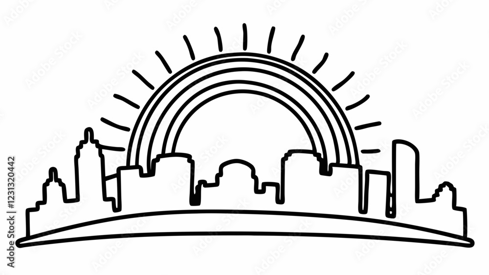 Obraz premium Elegant One-Line Urban Cityscape with Dawn Breaking in Monochrome