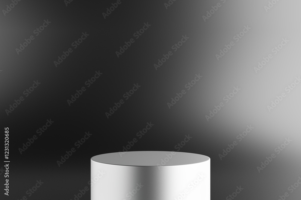 Luxury black silver cylinder pedestal studio gray backdrop. Glossy, reflective product display stand. Studio lighting. Platform podium advertisement product fashion cosmetic skincare. 3D Illustration. Luxury black silver cylinder pedestal studio gray backdrop. Glossy, reflective product display stand. Studio lighting. Platform podium advertisement product fashion cosmetic skincare. 3D Illustration.