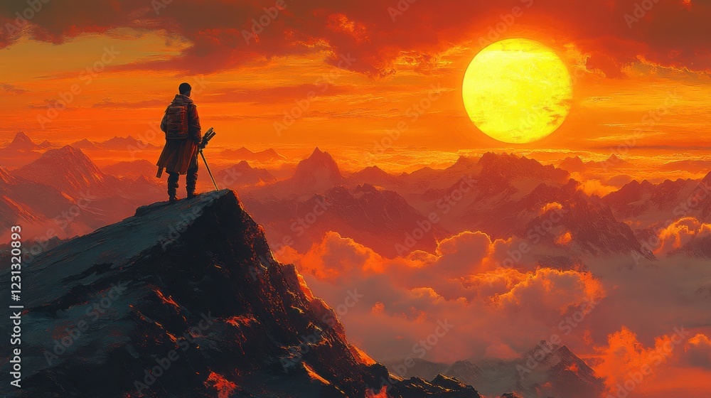 Solitary Traveler on Mountain Peak at Sunset Dramatic Orange Sky Majestic View Solitary Traveler on Mountain Peak at Sunset Dramatic Orange Sky Majestic View