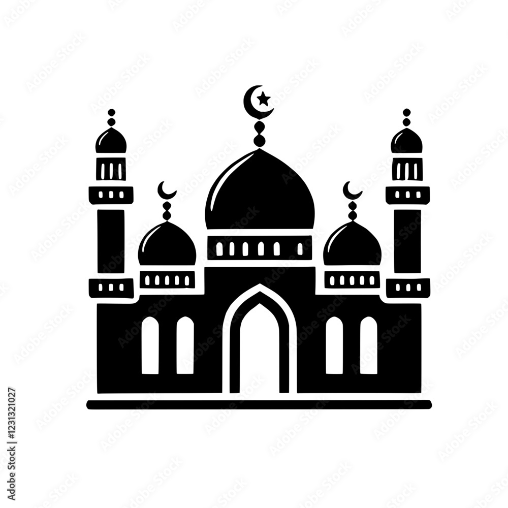 Mosque Icon: A simple yet elegant black silhouette of a mosque, featuring iconic architectural details like domes, minarets, and crescent moons. This image is perfect for representing Islamic culture. Mosque Icon: A simple yet elegant black silhouette of a mosque, featuring iconic architectural details like domes, minarets, and crescent moons. This image is perfect for representing Islamic culture.