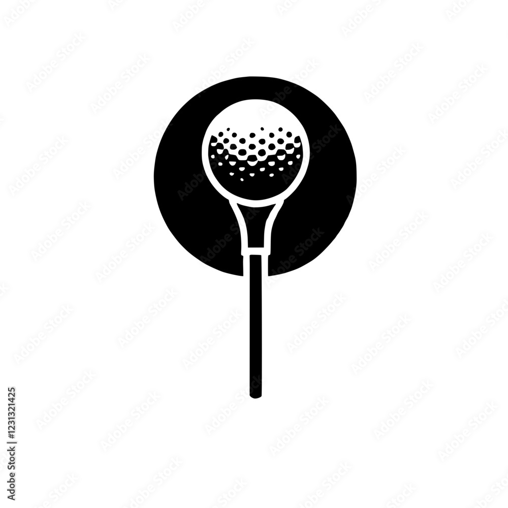 Golf Tee Icon: Simple yet elegant black and white icon of a golf ball on a tee, set against a circular background. Perfect for golf-related websites, apps, or print materials. Golf Tee Icon: Simple yet elegant black and white icon of a golf ball on a tee, set against a circular background. Perfect for golf-related websites, apps, or print materials.