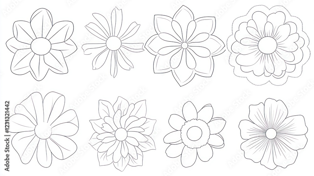 Eight simple flower line drawings; craft, design Eight simple flower line drawings; craft, design