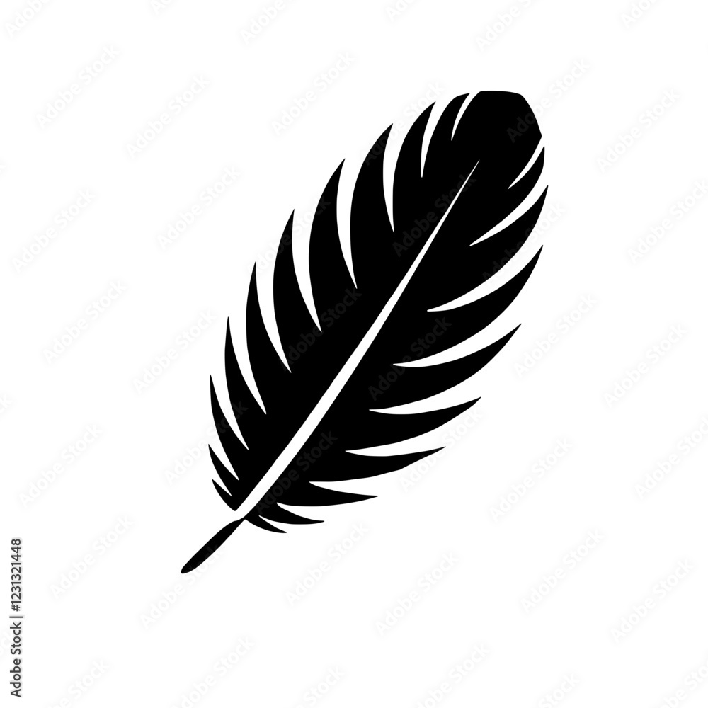 Black Feather Silhouette: A minimalist silhouette of a single feather, detailed and elegant, offering a versatile image for design projects. Black Feather Silhouette: A minimalist silhouette of a single feather, detailed and elegant, offering a versatile image for design projects.