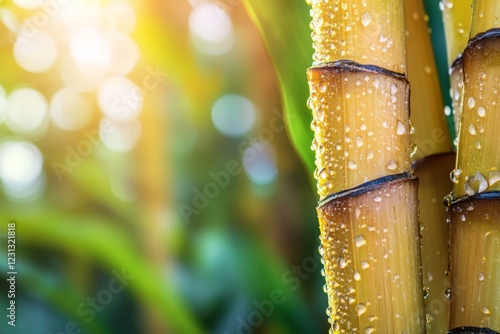 Fresh Sugarcane Stalks with Dewdrops in Warm Sunlight photo