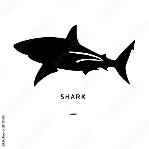 Shark Silhouette: A powerful and minimalist black silhouette of a shark, capturing its sleek form and predatory nature. The clean lines and bold design evoke a sense of strength, speed, and mystery.