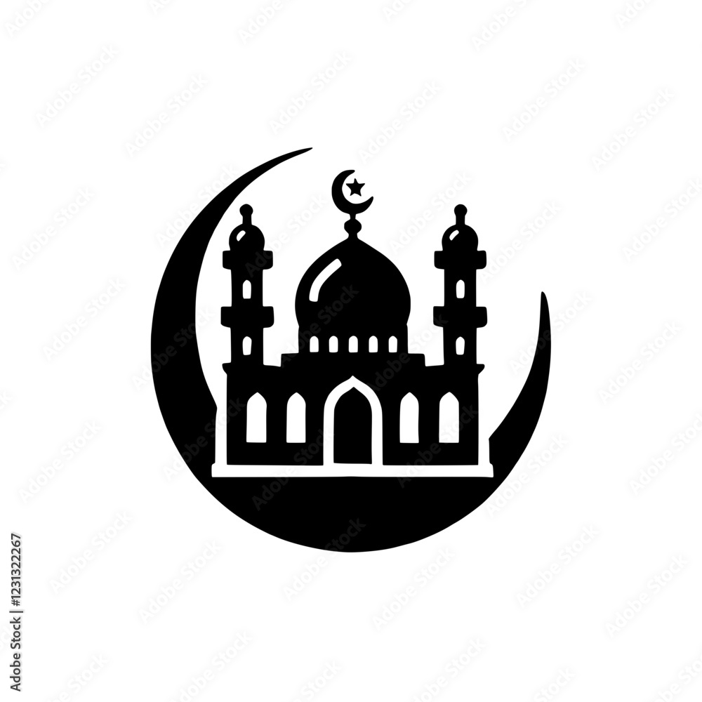 Mosque Icon: A simple yet powerful icon, featuring a mosque nestled within a crescent moon, symbolizing the spiritual heart of Islam. Mosque Icon: A simple yet powerful icon, featuring a mosque nestled within a crescent moon, symbolizing the spiritual heart of Islam.