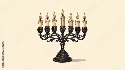 Menorah design featuring an intricate illustration of a classic menorah with elegant contours and distinctive candle holders, ideal for Hanukkah-themed visuals. photo