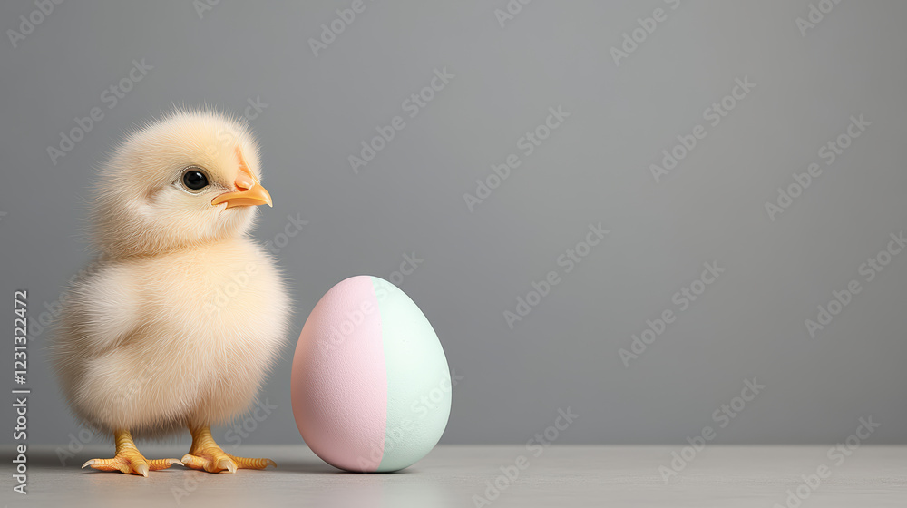 Fluffy baby chick standing beside pastel colored egg, evoking joy Fluffy baby chick standing beside pastel colored egg, evoking joy
