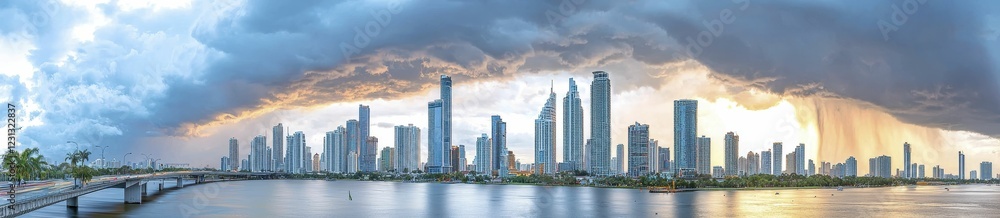 A panoramic view of a modern city skyline under dramatic clouds, reflecting on calm waters during sunset. A panoramic view of a modern city skyline under dramatic clouds, reflecting on calm waters during sunset.