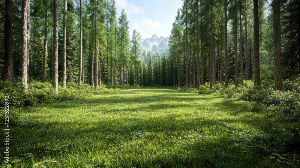 Fototapeta premium serene forest clearing with lush green grass and tall trees