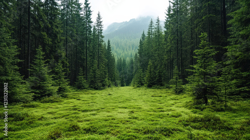 Fototapeta Naklejka Na Ścianę i Meble -  Lush green forest clearing with dense trees and misty mountains