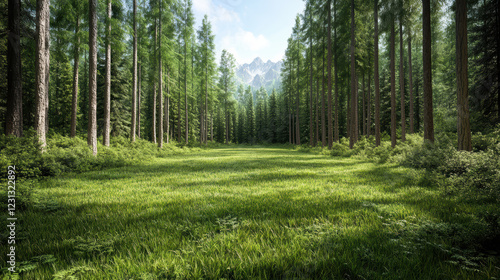 Fototapeta Naklejka Na Ścianę i Meble -  serene forest clearing with lush green grass and tall trees