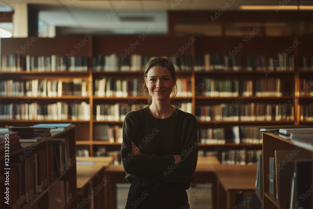 Young woman confidently stands in a library. Young woman confidently stands in a library.
