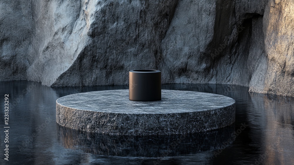 Fototapeta premium Rugged circular stone podium with an earthy texture, immersed partially in dark reflective water, a black cylinder placed precisely on top, atmospheric lighting emphasizing contours