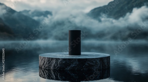 Round stone podium with coarse texture, set on dark reflective water, a matte black cylinder standing boldly in the middle, subtle ambient light enhancing the scene photo