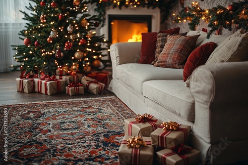 Modern christmas living room interior decorated christmas tree sofa plaid gift boxes carpet light garlands photo