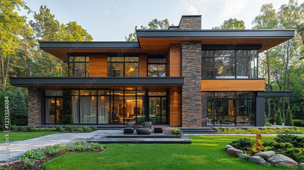 Modern facade of a luxury house modern architecture modern residential houses of two floors Modern facade of a luxury house modern architecture modern residential houses of two floors