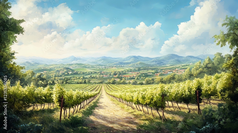 Fototapeta premium Picturesque vineyard with lush green vines, rolling hills, and a bright blue sky, capturing the essence of a serene countryside.