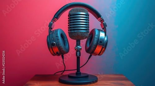 Studio Headphones Encircling Retro Microphone on Stand Pink Blue Background