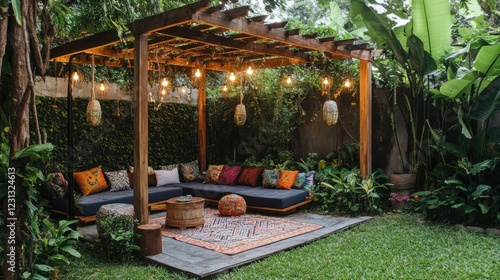 Serene garden patio with pergola, cushions, and lights.